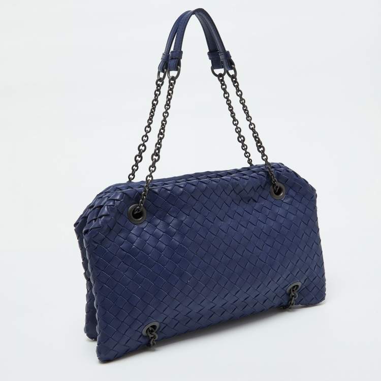 Pre Owned Bottega Veneta Blue Intrecciato Leather Chain Bag