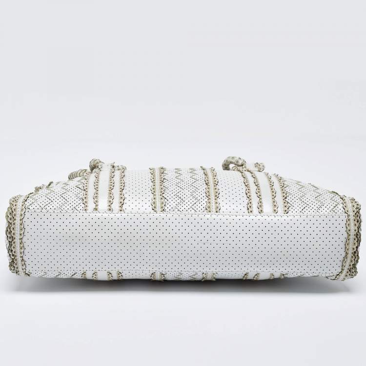 Pre Owned Bottega Veneta White/Beige Perforated Intrecciato Leather Tote