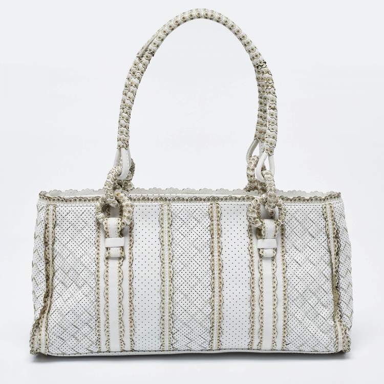 Pre Owned Bottega Veneta White/Beige Perforated Intrecciato Leather Tote