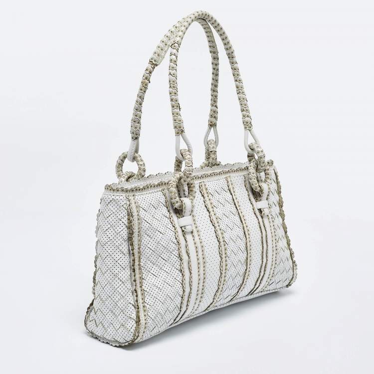 Pre Owned Bottega Veneta White/Beige Perforated Intrecciato Leather Tote