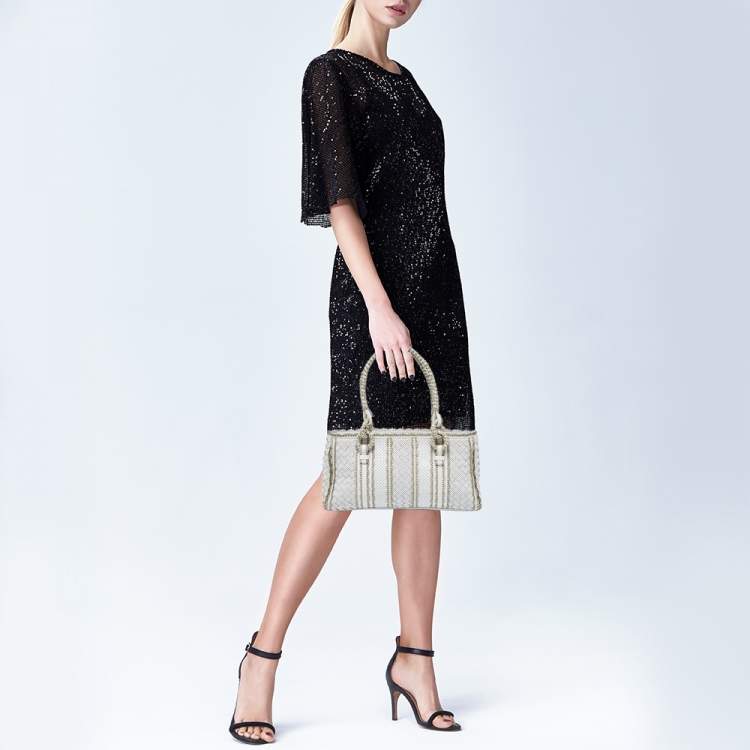 Pre Owned Bottega Veneta White/Beige Perforated Intrecciato Leather Tote
