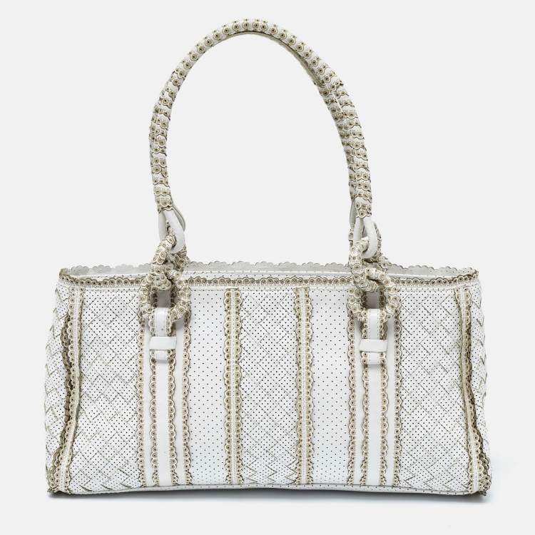 Pre Owned Bottega Veneta White/Beige Perforated Intrecciato Leather Tote