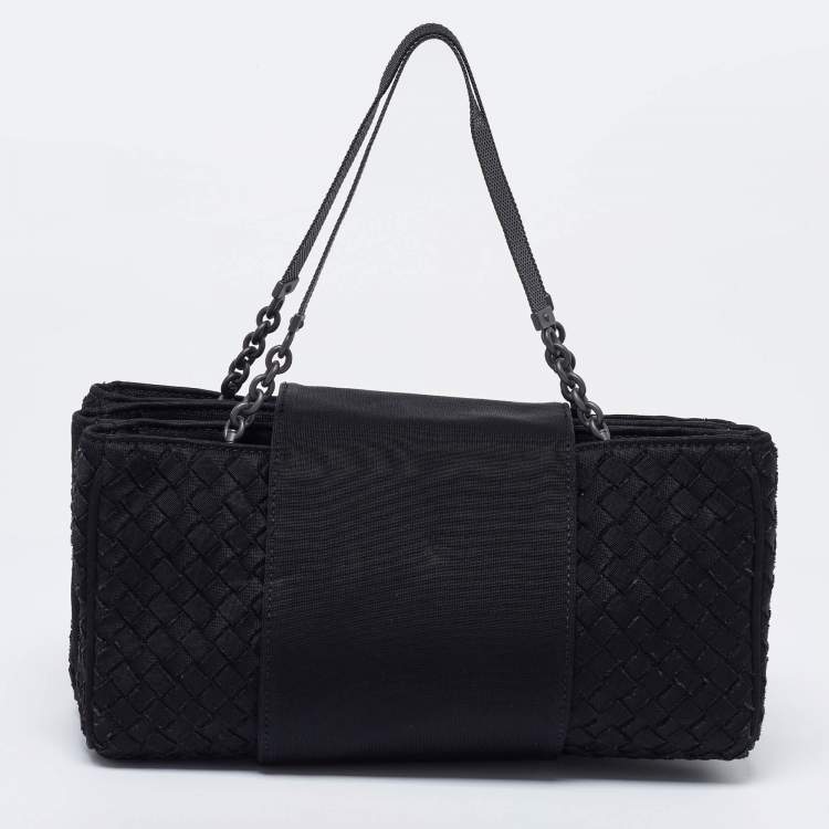 Pre Owned Bottega Veneta Black Intrecciato Canvas Buckle Flap Shoulder Bag