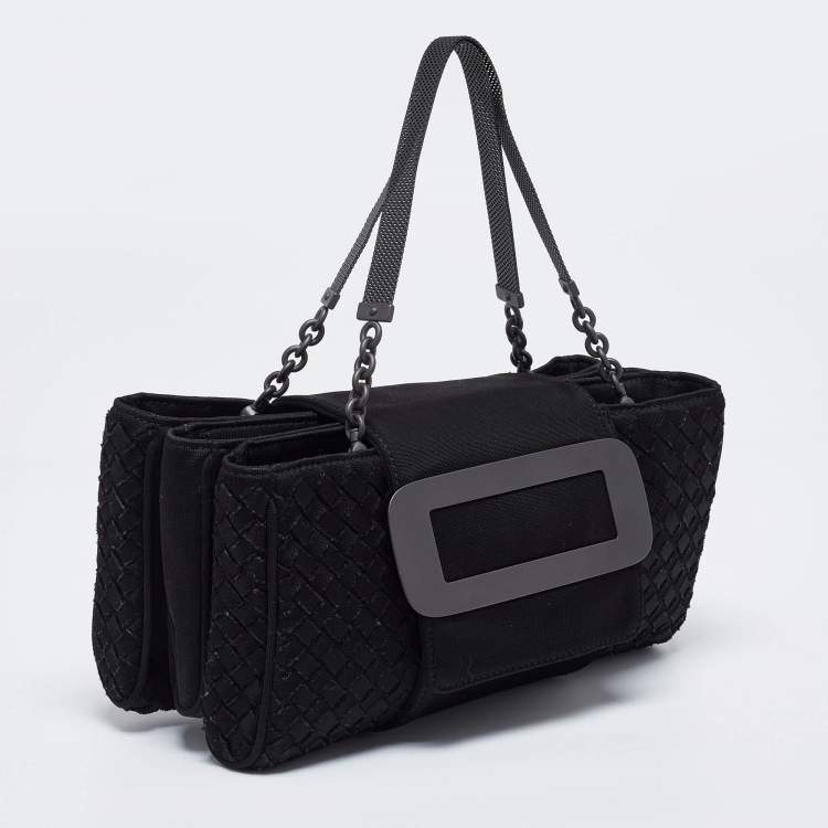 Pre Owned Bottega Veneta Black Intrecciato Canvas Buckle Flap Shoulder Bag