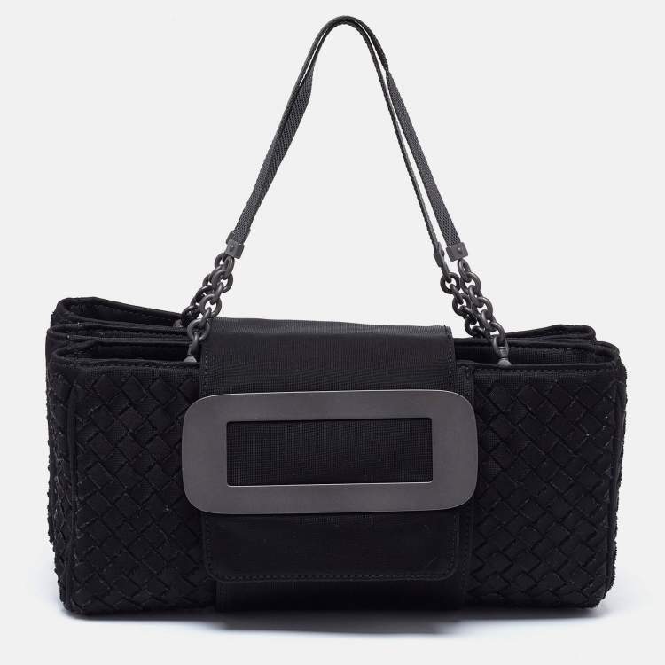 Pre Owned Bottega Veneta Black Intrecciato Canvas Buckle Flap Shoulder Bag