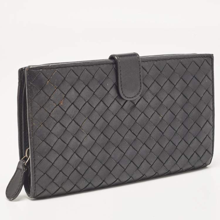 Pre Owned Bottega Veneta Black Intrecciato Leather French Flap Wallet
