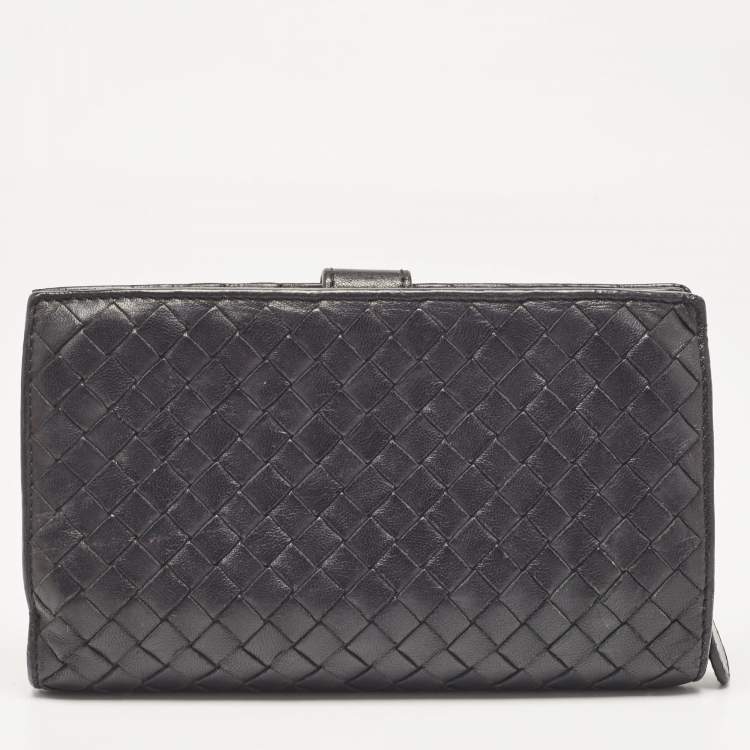 Pre Owned Bottega Veneta Black Intrecciato Leather French Flap Wallet