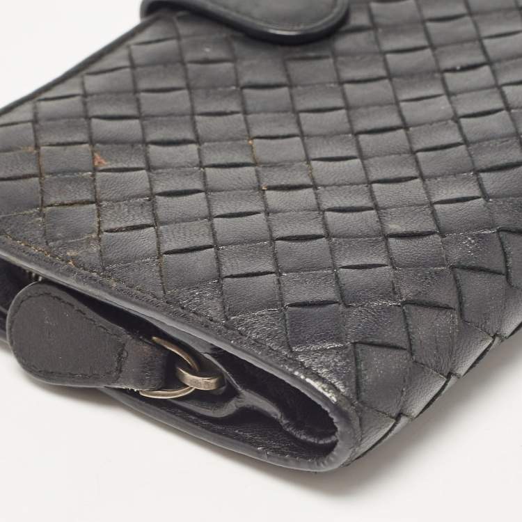 Pre Owned Bottega Veneta Black Intrecciato Leather French Flap Wallet