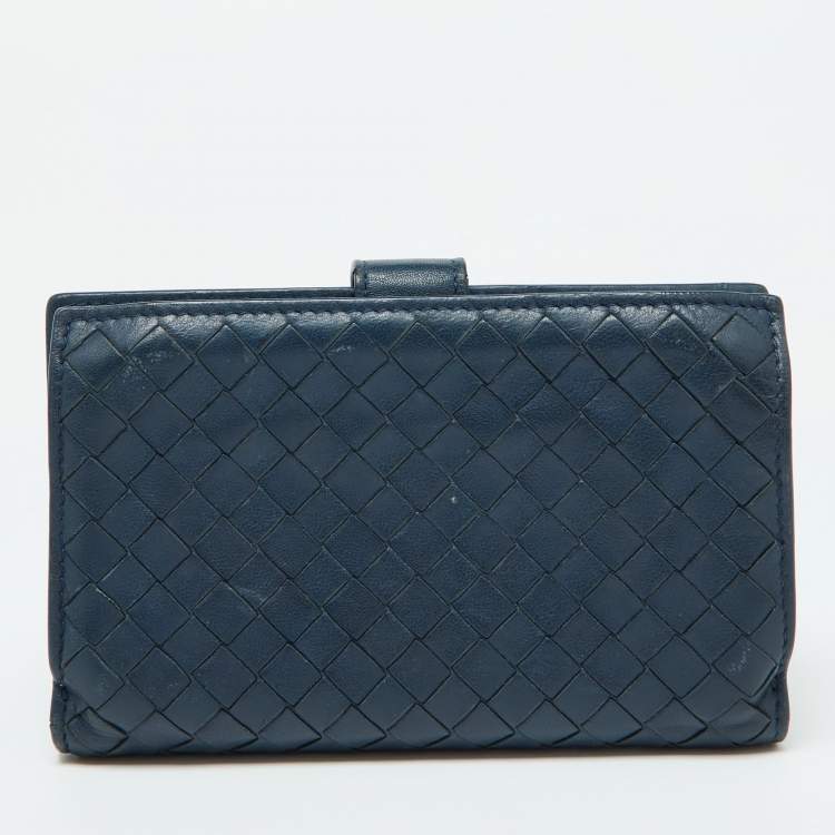 Pre Owned Bottega Veneta Blue Intrecciato Leather Compact Wallet