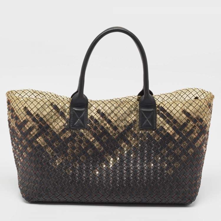 Pre Owned Bottega Veneta Ombre Black/Cream Intrecciato Leather and PVC Cabat Tote
