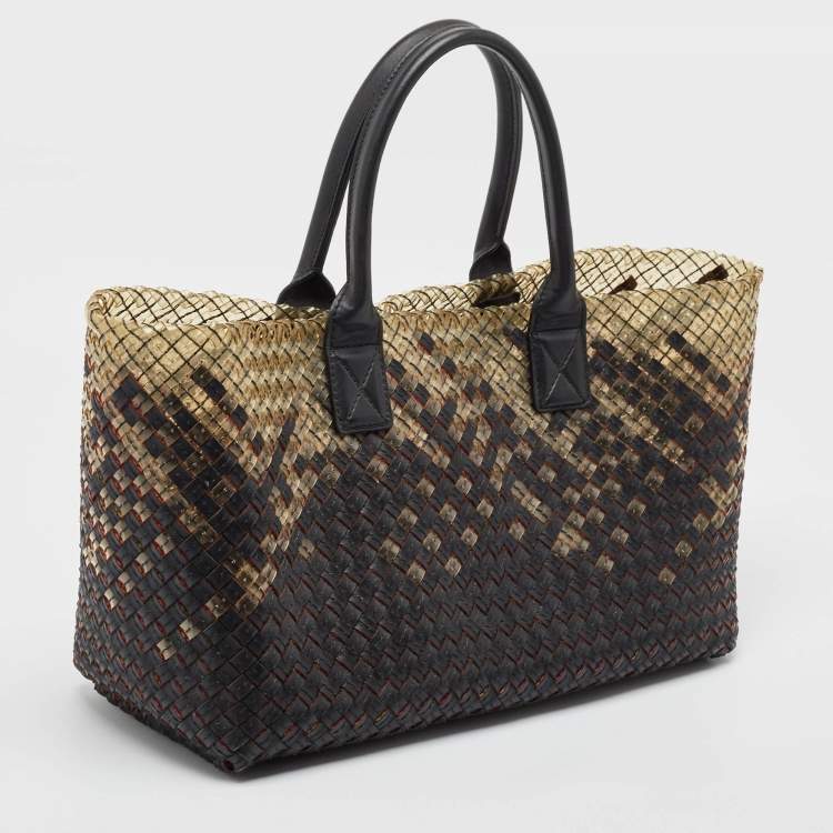 Pre Owned Bottega Veneta Ombre Black/Cream Intrecciato Leather and PVC Cabat Tote