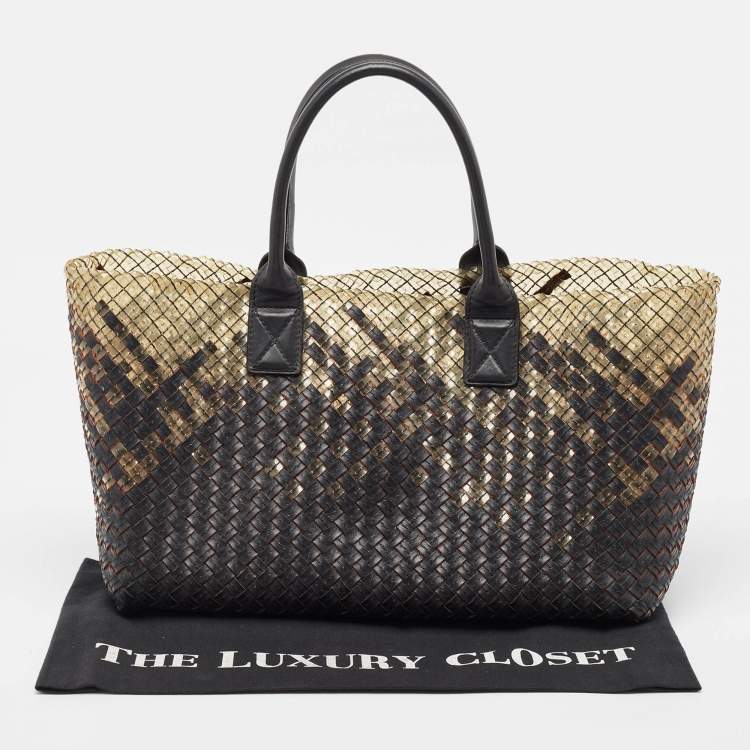 Pre Owned Bottega Veneta Ombre Black/Cream Intrecciato Leather and PVC Cabat Tote