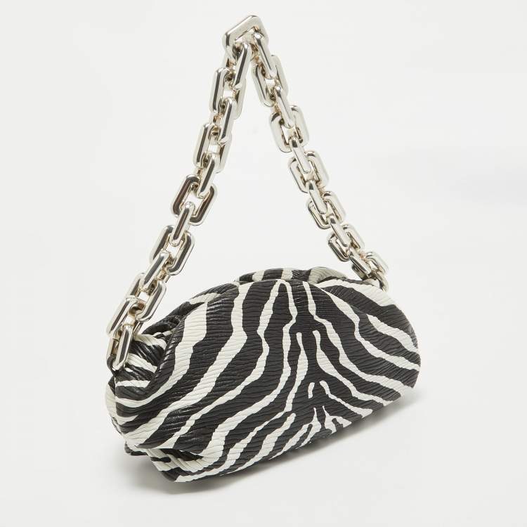 Pre Owned Bottega Veneta Black/White Zebra Print Leather The Chain Pouch Bag