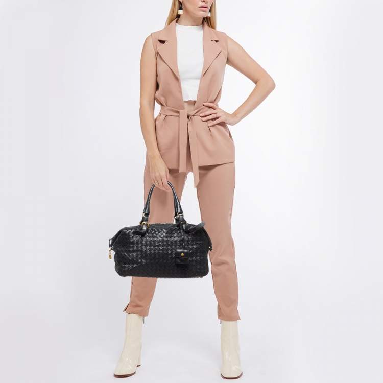 Pre Owned Bottega Veneta Black Intrecciato Leather Montaigne Satchel