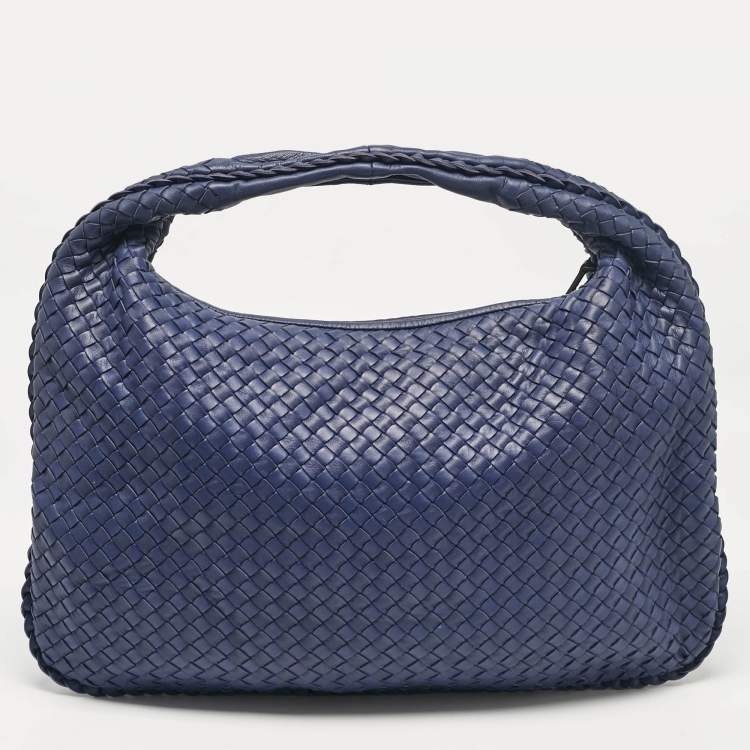 Pre Owned Bottega Veneta Blue Intrecciato Leather Large Veneta Hobo