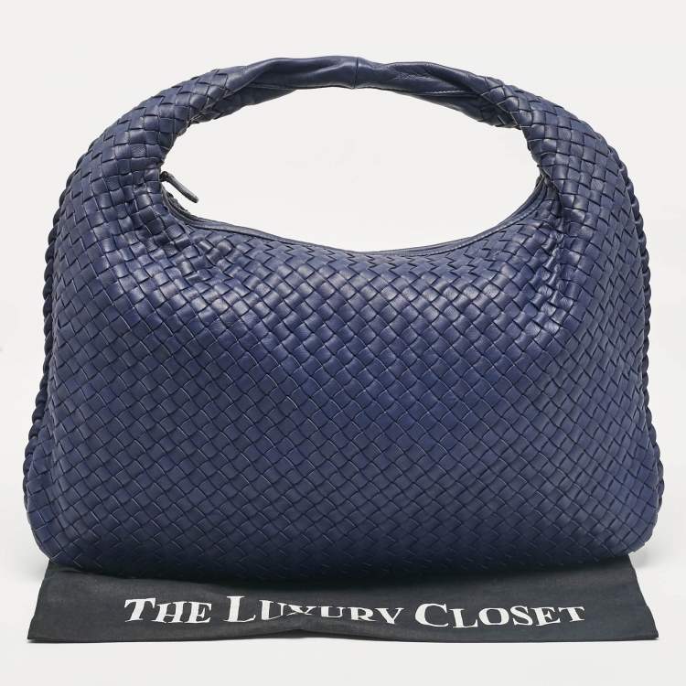 Pre Owned Bottega Veneta Blue Intrecciato Leather Large Veneta Hobo