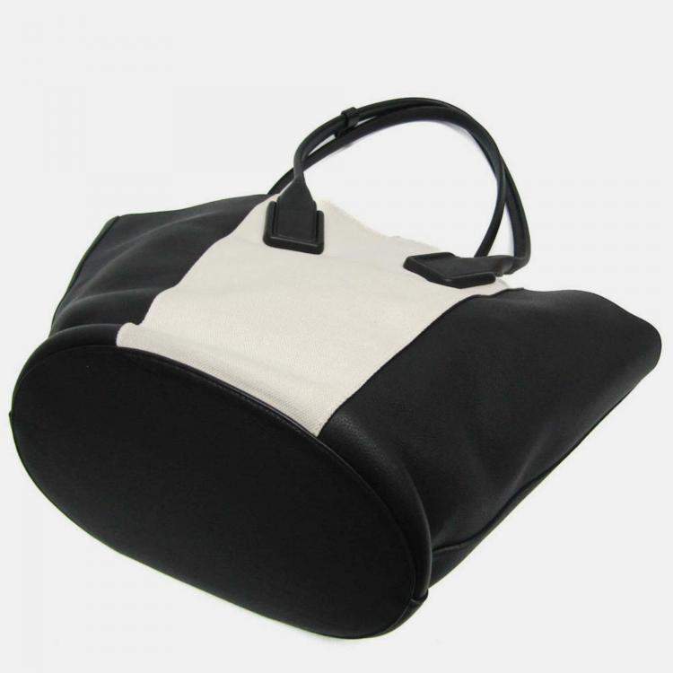 Pre Owned Bottega Veneta Black/Off-white Leather and Canvas Basket Large Tote Bag