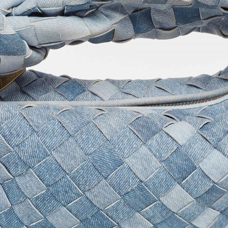 Pre Owned Bottega Veneta Blue Denim Effect Intrecciato Leather Mini Jodie Hobo