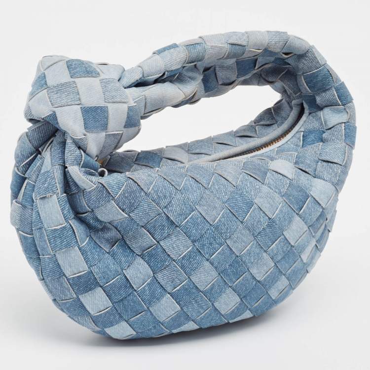 Pre Owned Bottega Veneta Blue Denim Effect Intrecciato Leather Mini Jodie Hobo