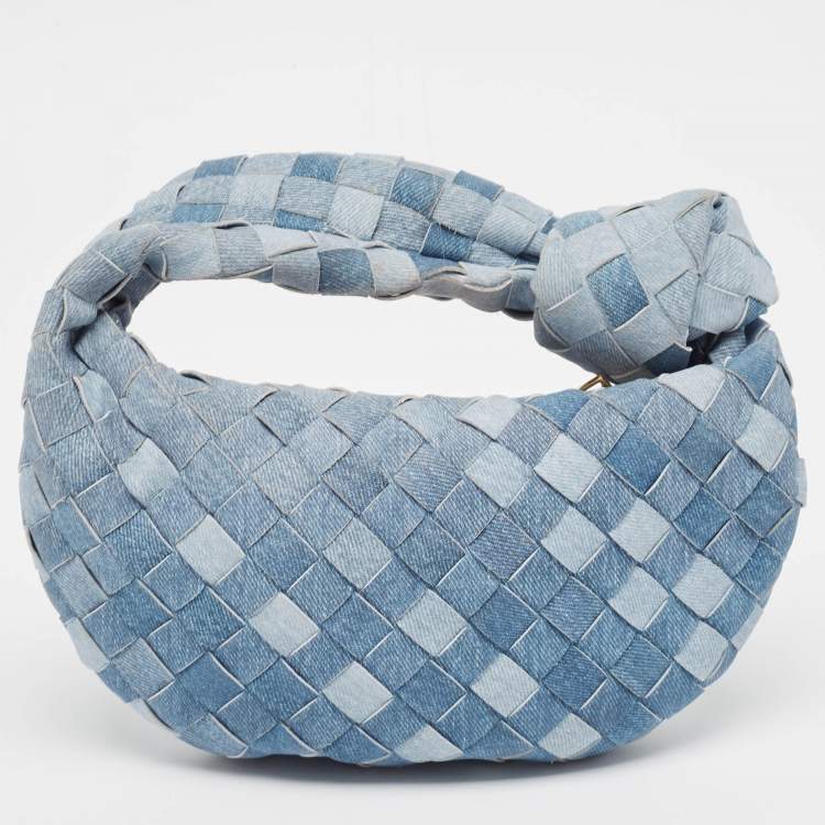 Pre Owned Bottega Veneta Blue Denim Effect Intrecciato Leather Mini Jodie Hobo