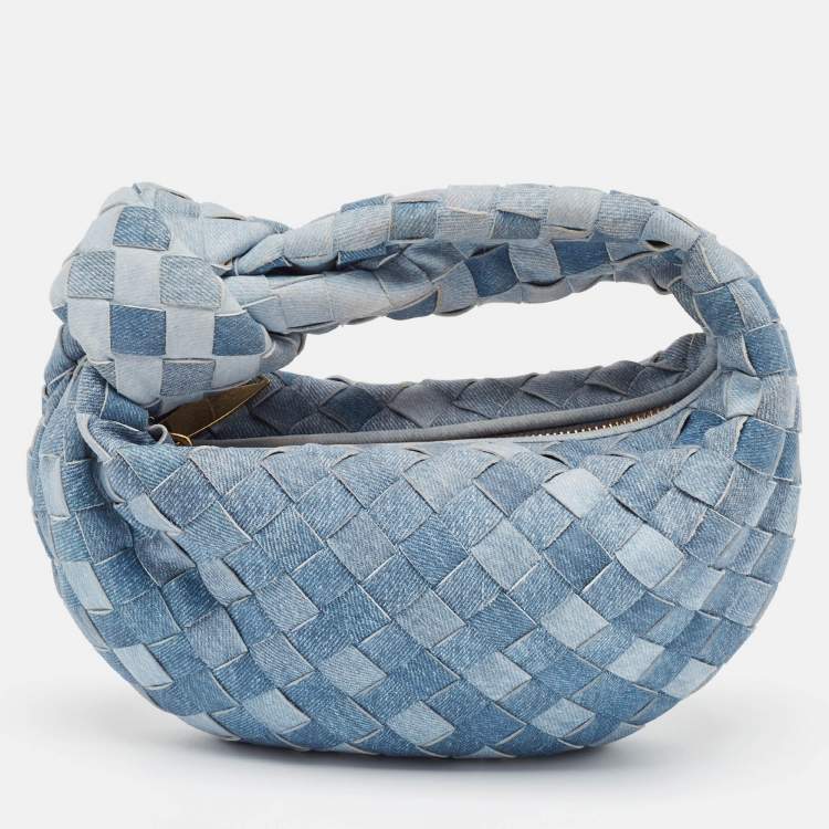 Pre Owned Bottega Veneta Blue Denim Effect Intrecciato Leather Mini Jodie Hobo