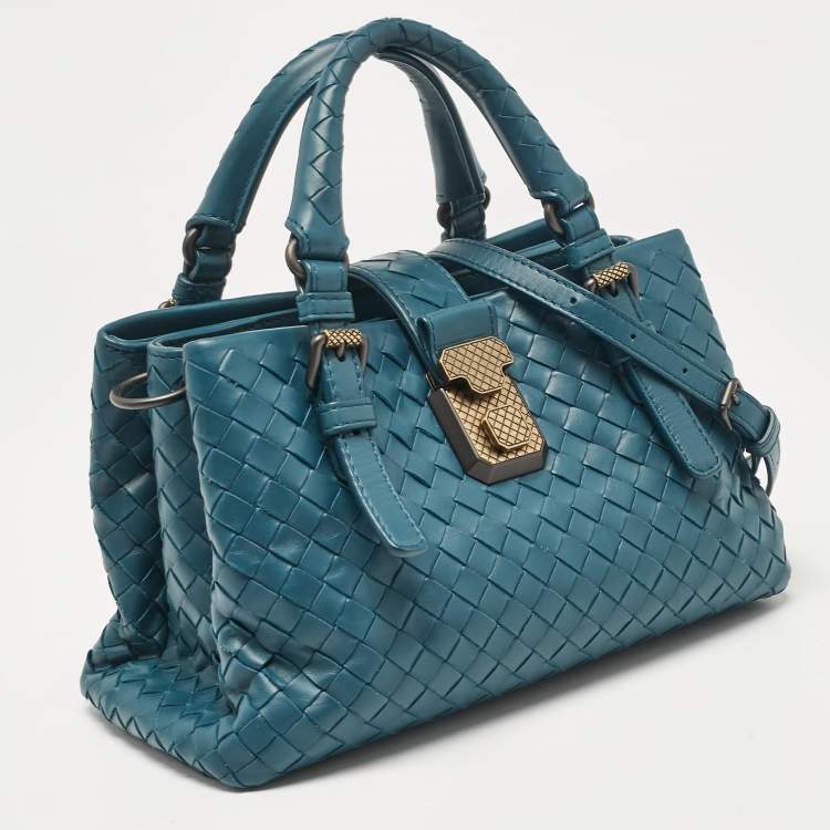 Pre Owned Bottega Veneta Dark Green Intrecciato Leather Mini Roma Tote