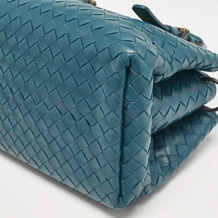 Pre Owned Bottega Veneta Dark Green Intrecciato Leather Mini Roma Tote