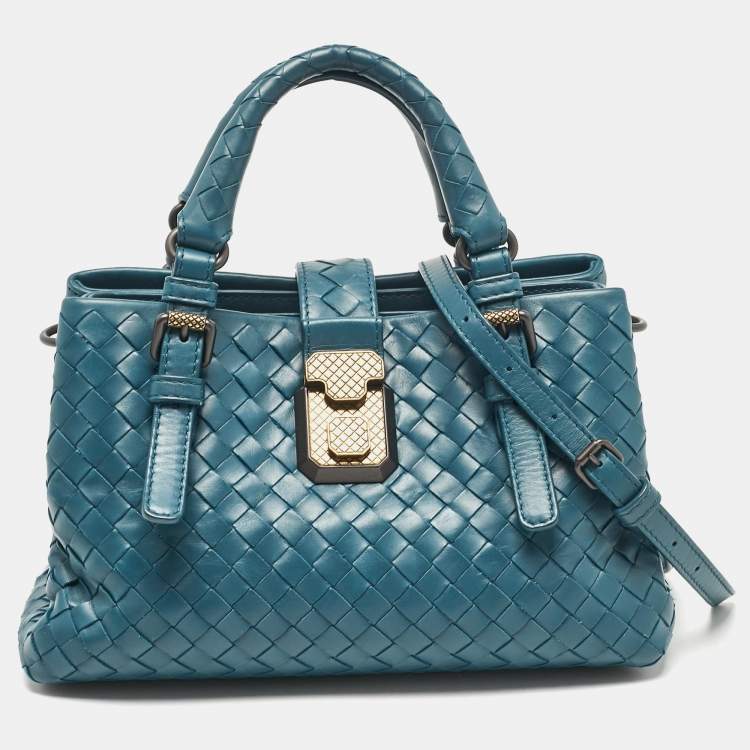 Pre Owned Bottega Veneta Dark Green Intrecciato Leather Mini Roma Tote