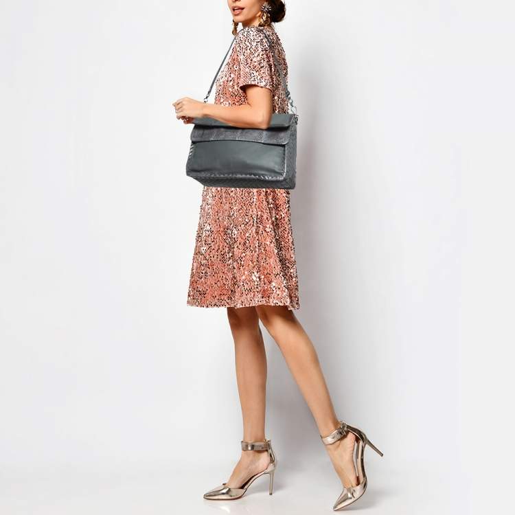 Pre Owned Bottega Veneta Grey Intrecciato Leather and Karung Leather Shoulder Bag
