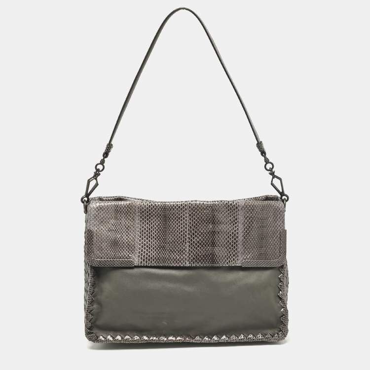 Pre Owned Bottega Veneta Grey Intrecciato Leather and Karung Leather Shoulder Bag
