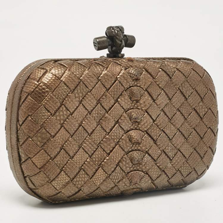 Pre Owned Bottega Veneta Bronze Intrecciato Lizard Small Knot Clutch