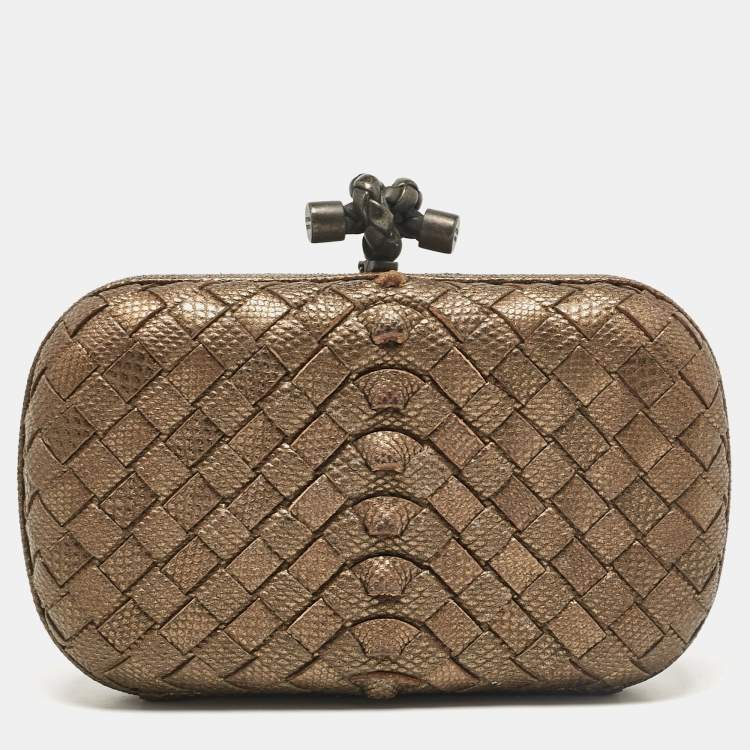 Pre Owned Bottega Veneta Bronze Intrecciato Lizard Small Knot Clutch