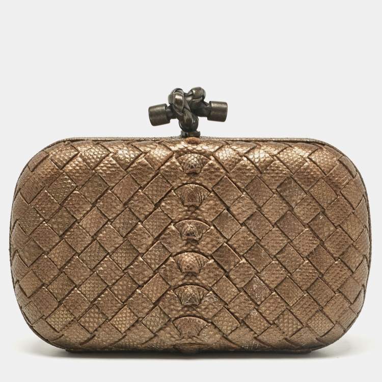Pre Owned Bottega Veneta Bronze Intrecciato Lizard Small Knot Clutch