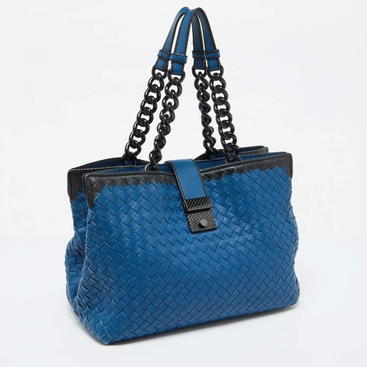 Pre Owned Bottega Veneta Blue/Black Intrecciato Leather Tote