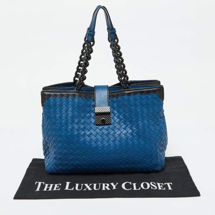 Pre Owned Bottega Veneta Blue/Black Intrecciato Leather Tote