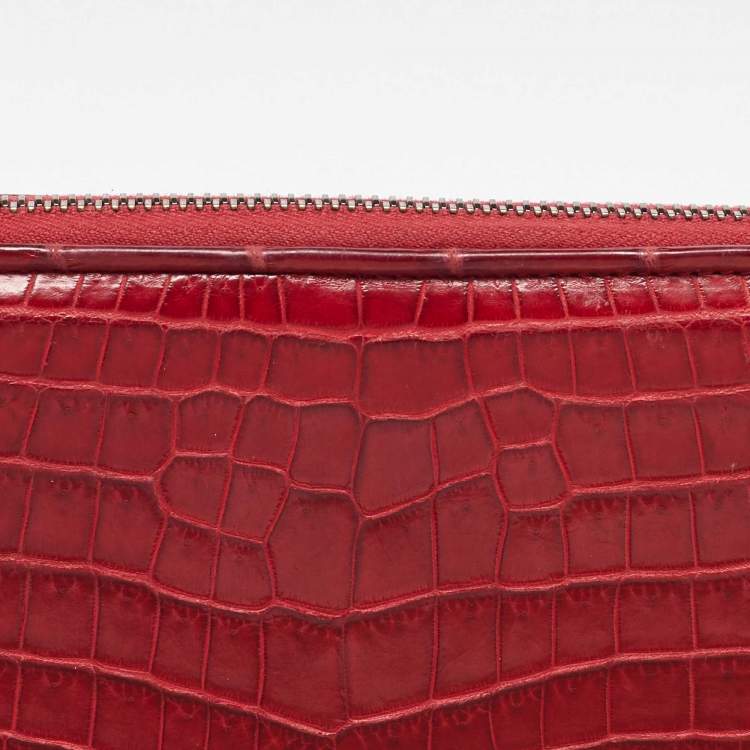 Pre Owned Bottega Veneta Red Crocodile Zip Around Wallet