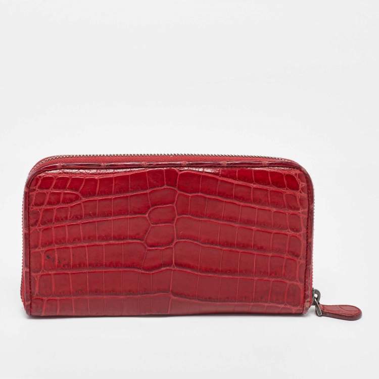 Pre Owned Bottega Veneta Red Crocodile Zip Around Wallet