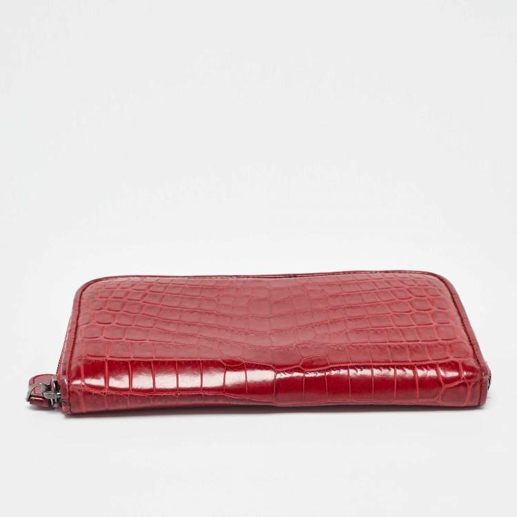Pre Owned Bottega Veneta Red Crocodile Zip Around Wallet