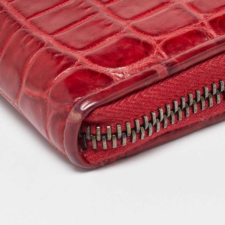 Pre Owned Bottega Veneta Red Crocodile Zip Around Wallet