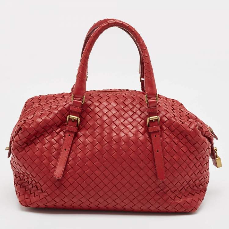 Pre Owned Bottega Veneta Red Intrecciato Leather Montaigne Satchel
