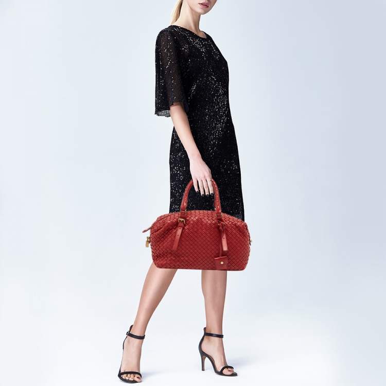Pre Owned Bottega Veneta Red Intrecciato Leather Montaigne Satchel