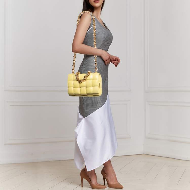 Pre Owned Bottega Veneta Yellow Intrecciato Leather Padded Cassette Chain Bag