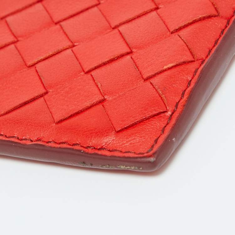 Pre Owned Bottega Veneta Orange/Burgundy Intrecciato Leather Card Holder