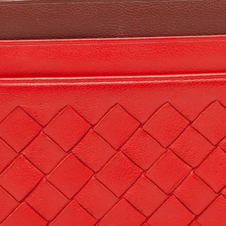 Pre Owned Bottega Veneta Orange/Burgundy Intrecciato Leather Card Holder