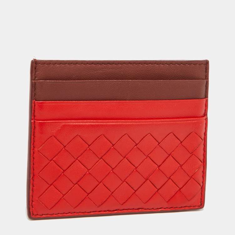 Pre Owned Bottega Veneta Orange/Burgundy Intrecciato Leather Card Holder