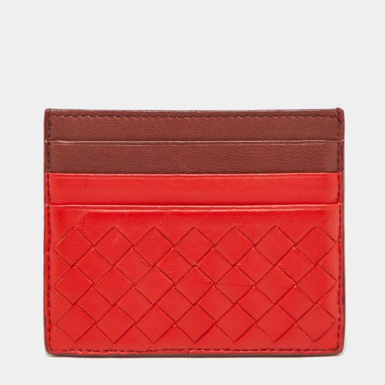 Pre Owned Bottega Veneta Orange/Burgundy Intrecciato Leather Card Holder