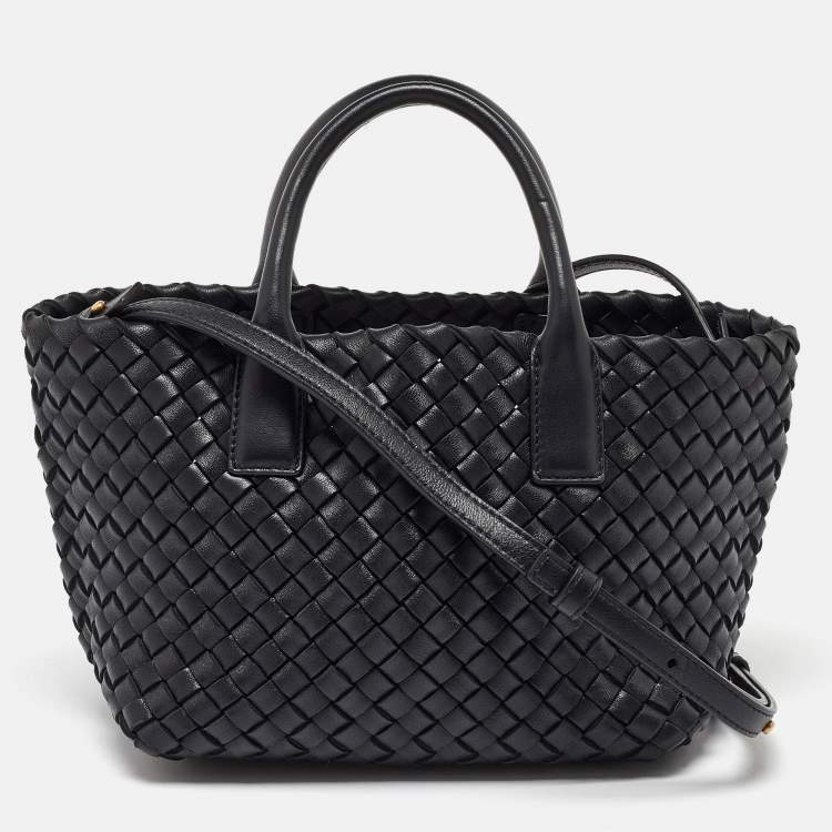Pre Owned Bottega Veneta Black Intrecciato Leather Mini Cabat Tote
