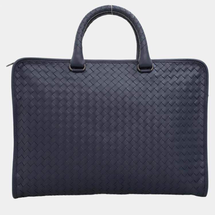 Pre Owned Bottega Veneta Blue Leather Intreciatto Laptop Briefcase Bag