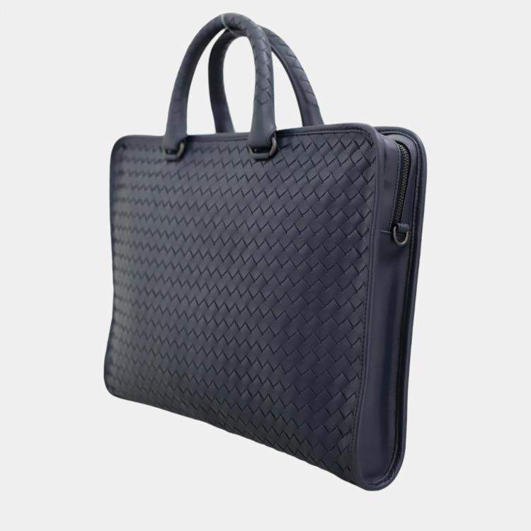 Pre Owned Bottega Veneta Blue Leather Intreciatto Laptop Briefcase Bag