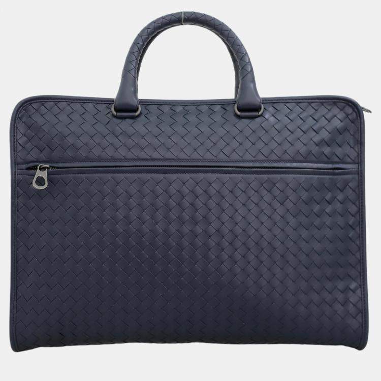 Pre Owned Bottega Veneta Blue Leather Intreciatto Laptop Briefcase Bag
